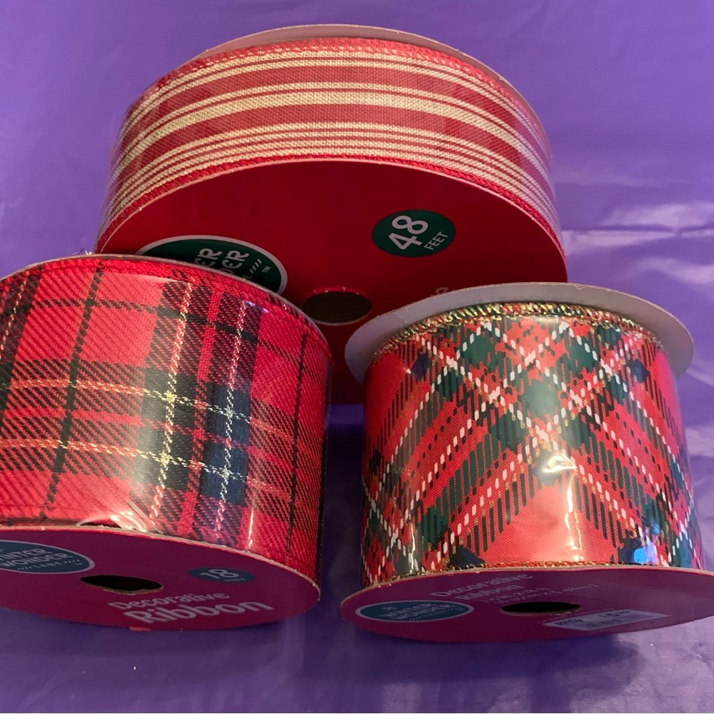 3 Rolls of Christmas Plaid & Striped Wire Edged Ribbon